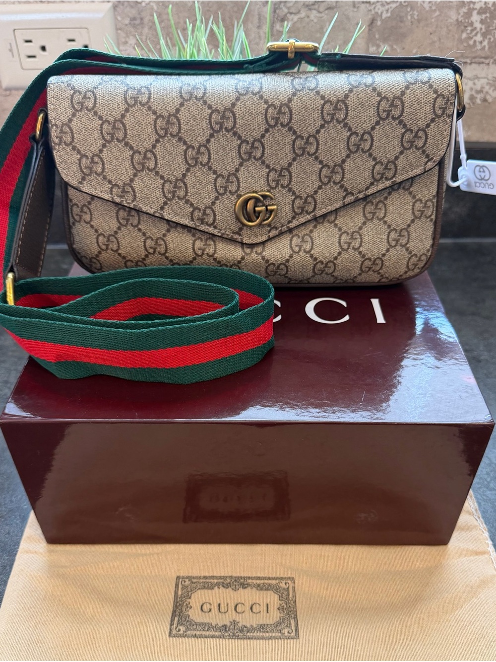 Gucci Beige GG Supreme Crossbody with Green-Red Web Strap